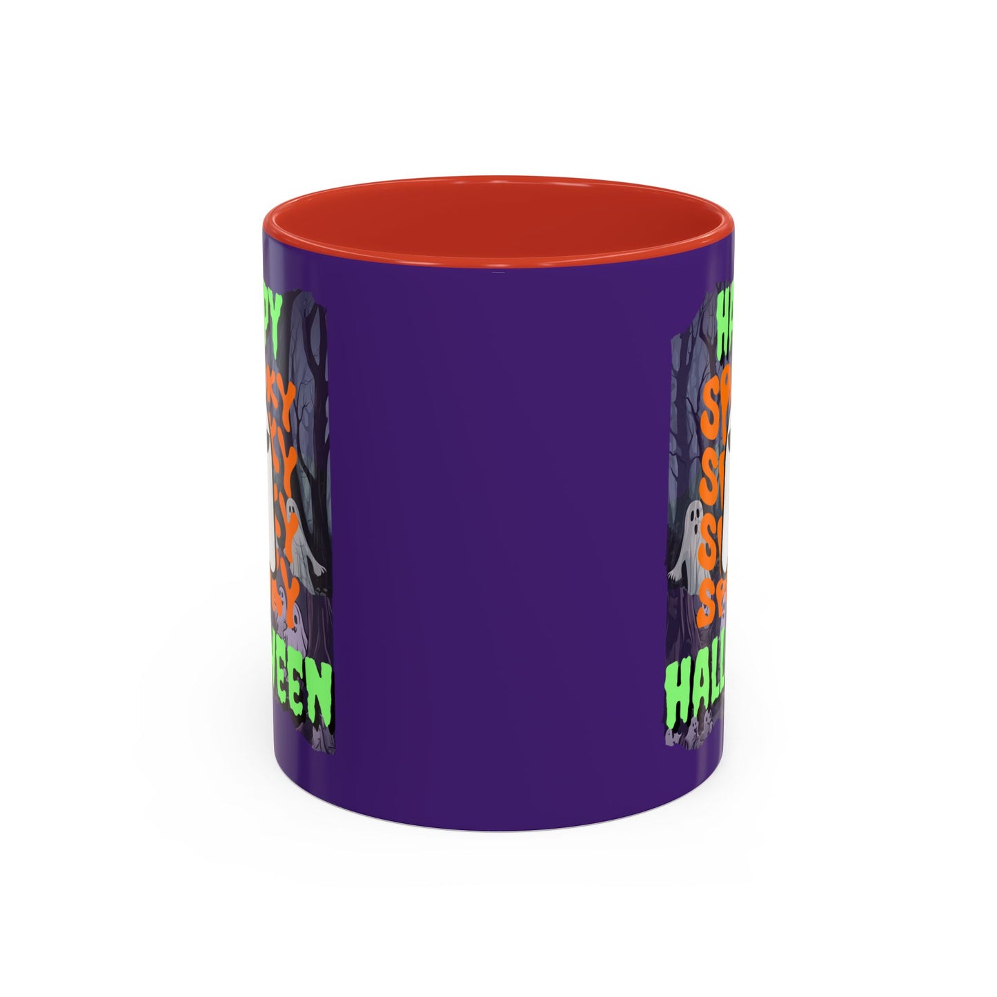Spooky Happy Halloween Ghost Green font Purple Accent Mug by CreepyCrafts.boo