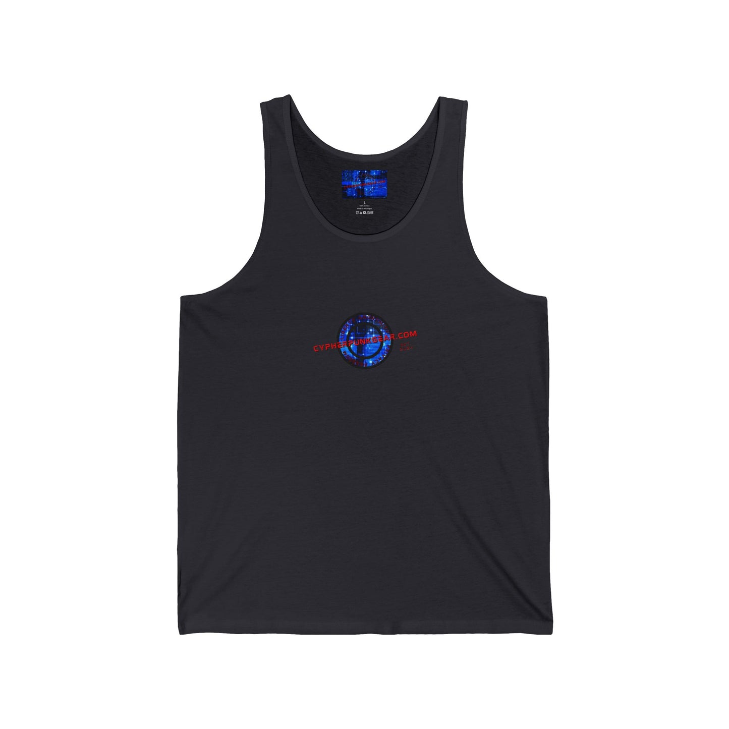 2-sided, cypherpunkgear.com Logo & Cityscape Unisex Jersey Tank Top by cypherpunkgear.com