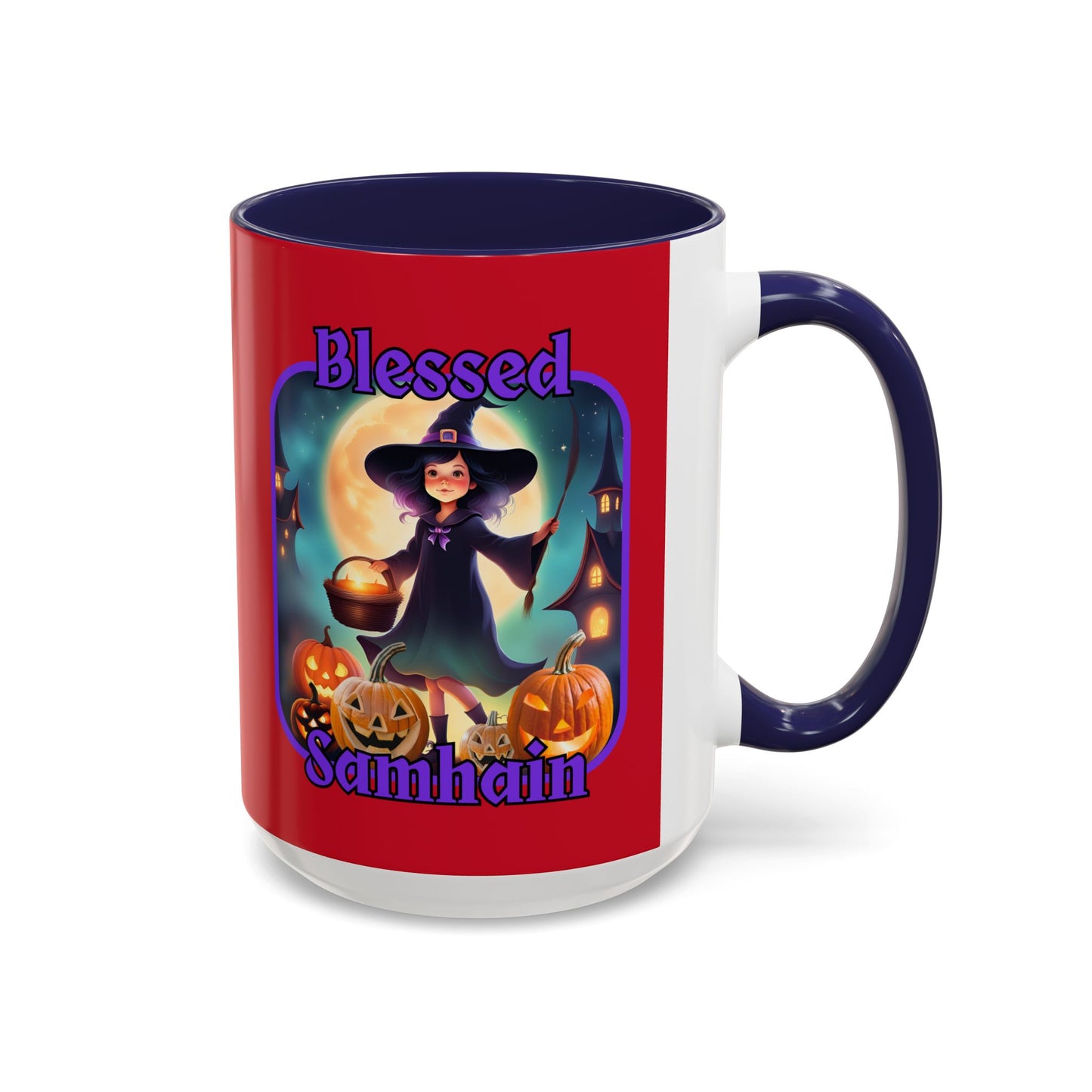 Blessed Samhain Little Witch Purple font Red Accent Mug by CreepyCrafts.boo