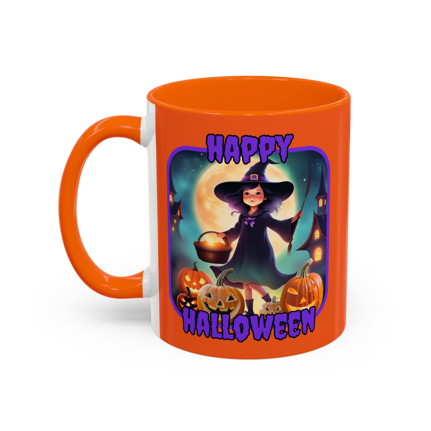 Happy Halloween Little Witch Purple font Orange Accent Mug by CreepyCrafts.boo