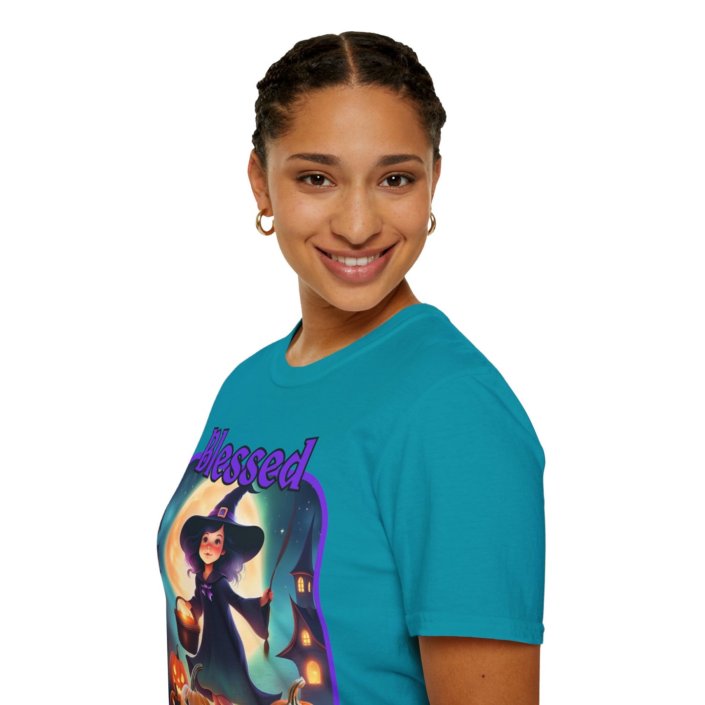Blessed Samhain Little Witch Purple font Dark colors Unisex T-Shirt by CreepyCrafts.boo