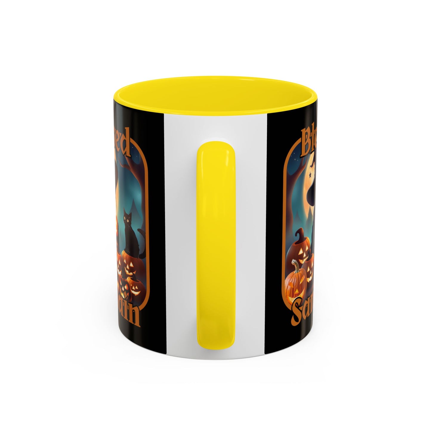 Blessed Samhain Cute Witch Orange font Black Accent Mug by CreepyCrafts.boo