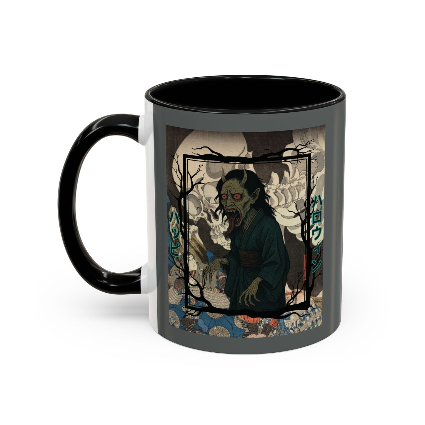 Yōkai Happy Halloween Grey Accent Mug by CreepyCrafts.boo