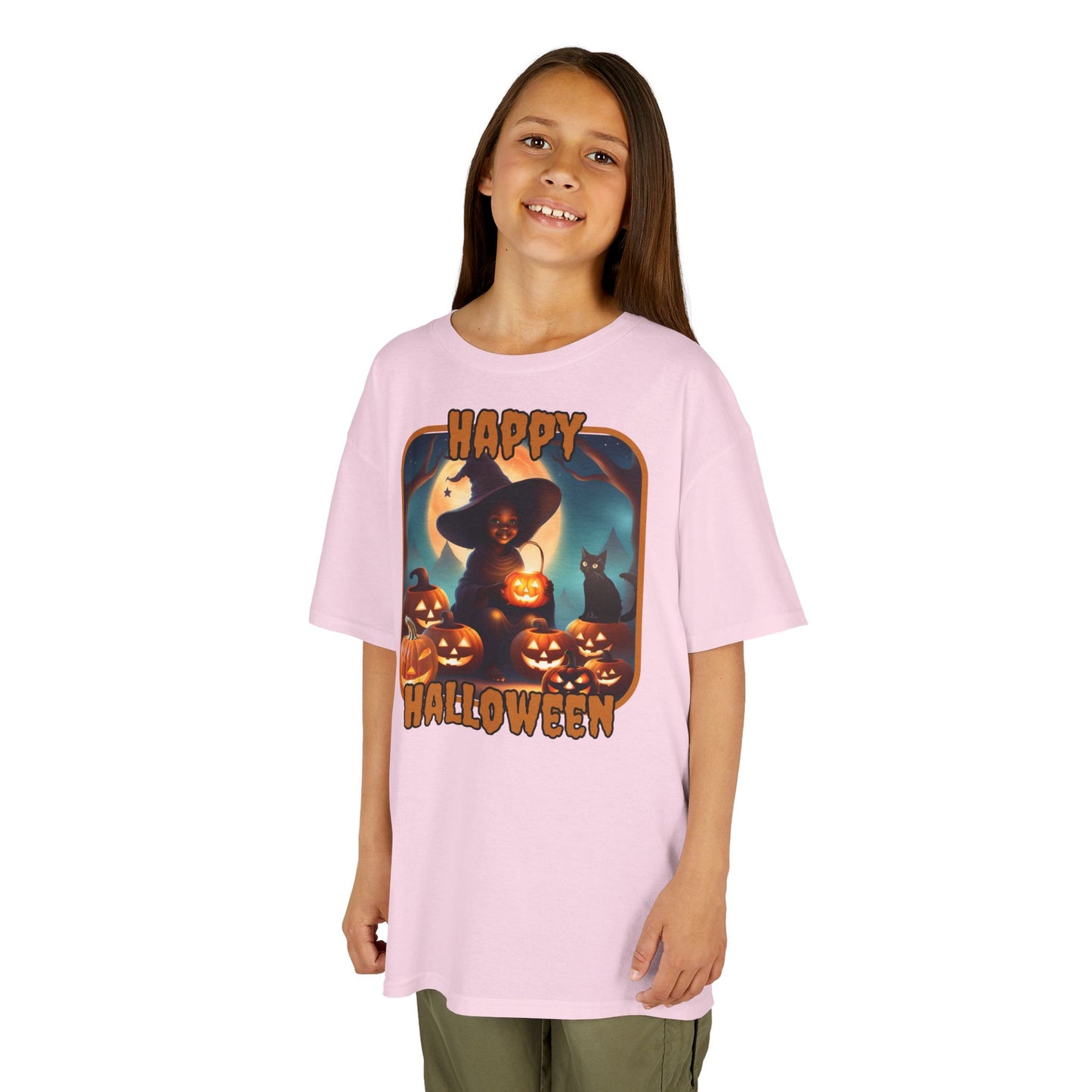 Happy Halloween Cute Witch Orange font Kids Heavy Cotton™ Tee by CreepyCrafts.boo