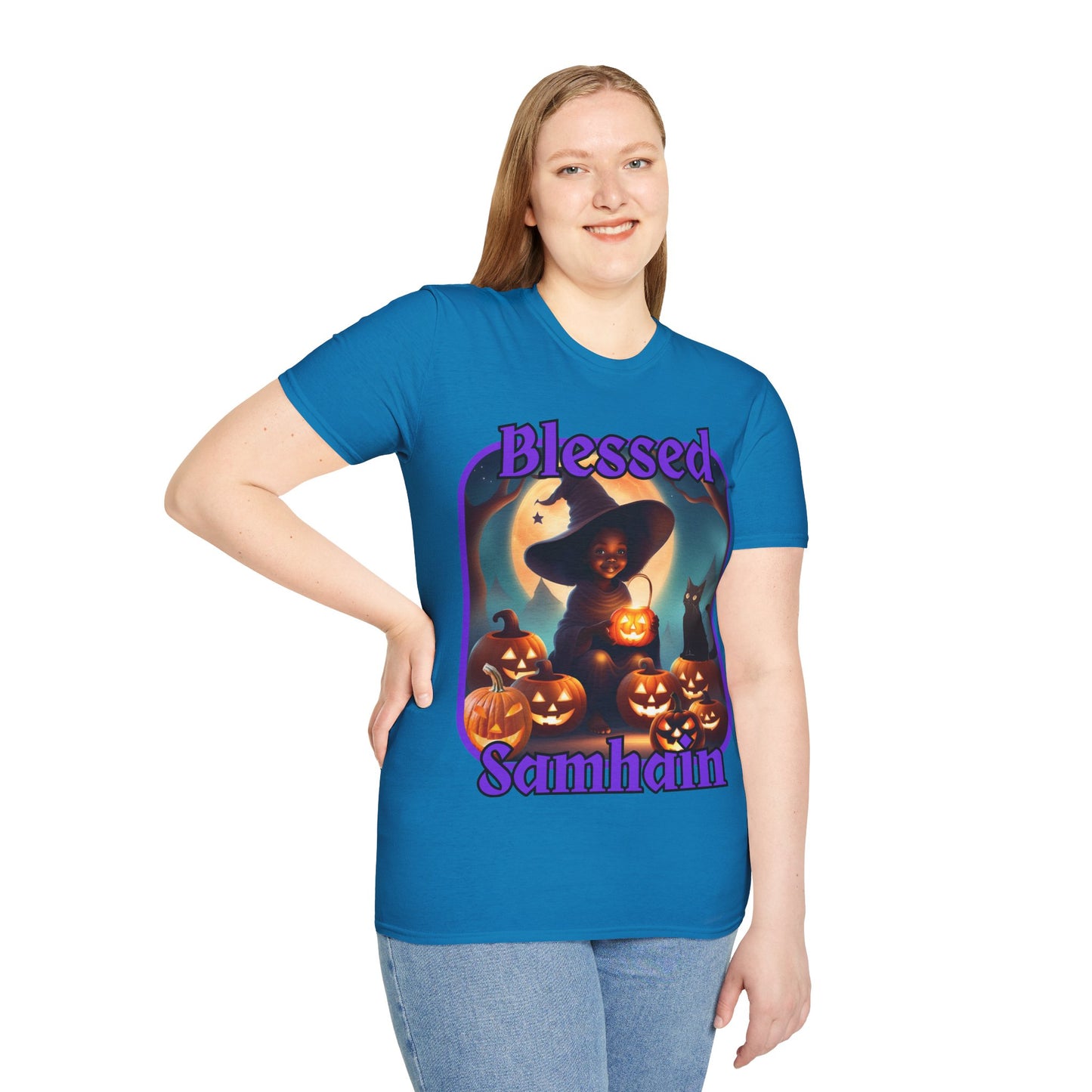 Blessed Samhain Cute Witch Purple font Dark colors Unisex T-Shirt by CreepyCrafts.boo