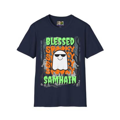 Spooky Blessed Samhain Ghost Green font Unisex T-Shirt by CreepyCrafts.boo
