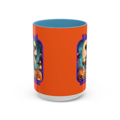 Blessed Samhain Little Witch Purple font Orange Accent Mug by CreepyCrafts.boo