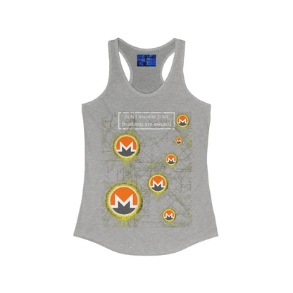 Monero (XMR) don't assume your freedoms are assured Dark colors Women's Racerback Tank Top by cypherpunkgear.com