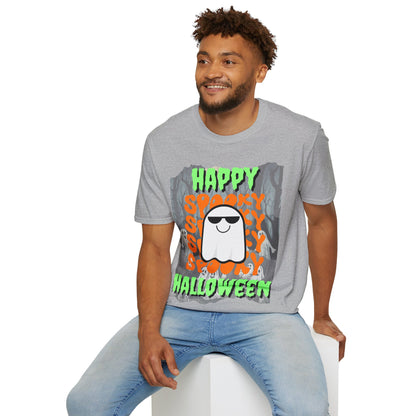 Spooky Happy Halloween Ghost Light colors Green font Unisex T-Shirt by CreepyCrafts.boo