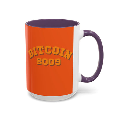 Bitcoin 2009 Orange Accent Mug by cypherpunkgear.com