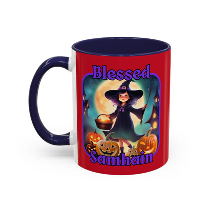 Blessed Samhain Little Witch Purple font Red Accent Mug by CreepyCrafts.boo