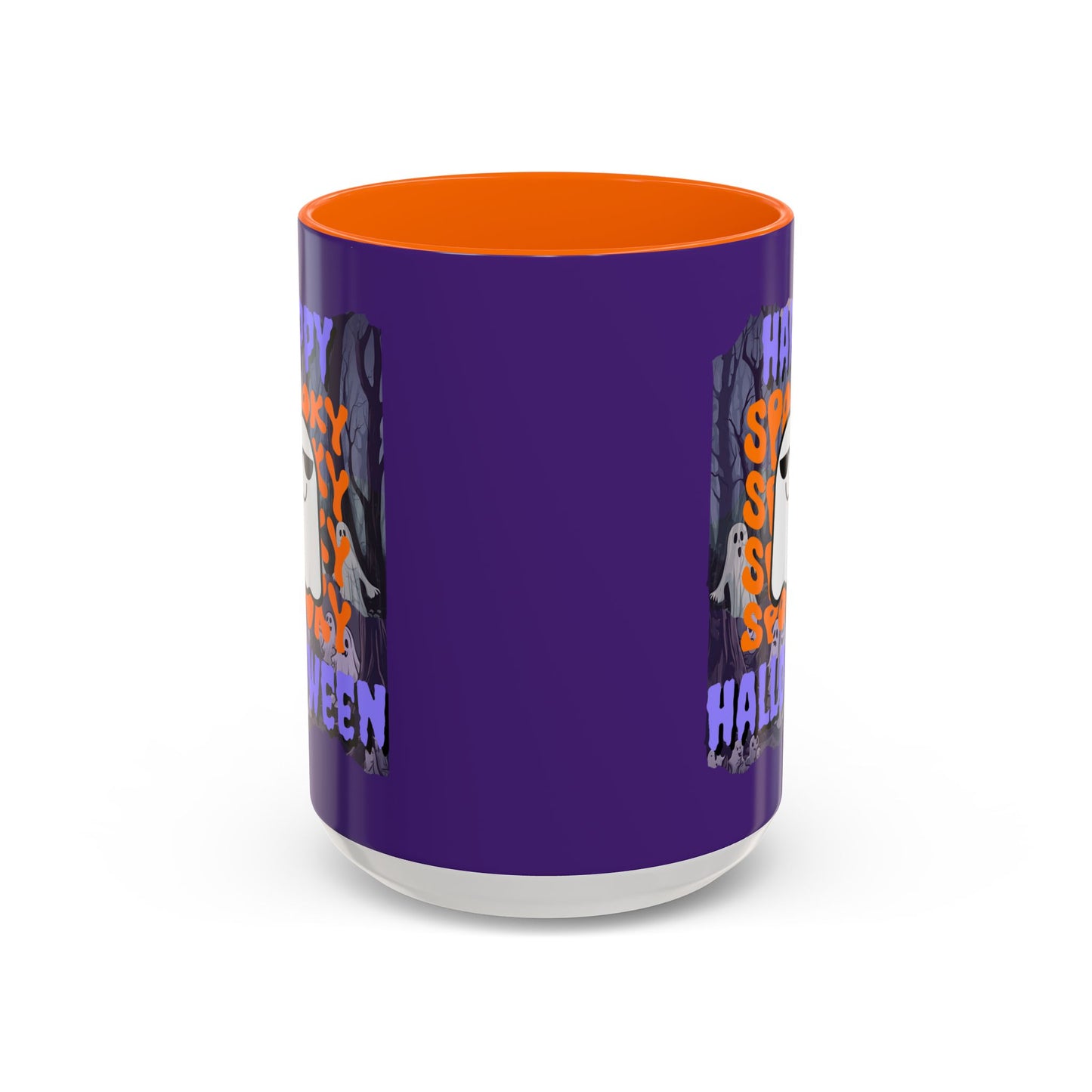 Spooky Happy Halloween Ghost Purple font Purple Accent Mug by CreepyCrafts.boo