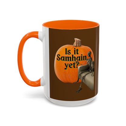 Is It Samhain Yet? Skeleton's Giant Pumpkin Brown Accent Mug by CreepyCrafts.boo
