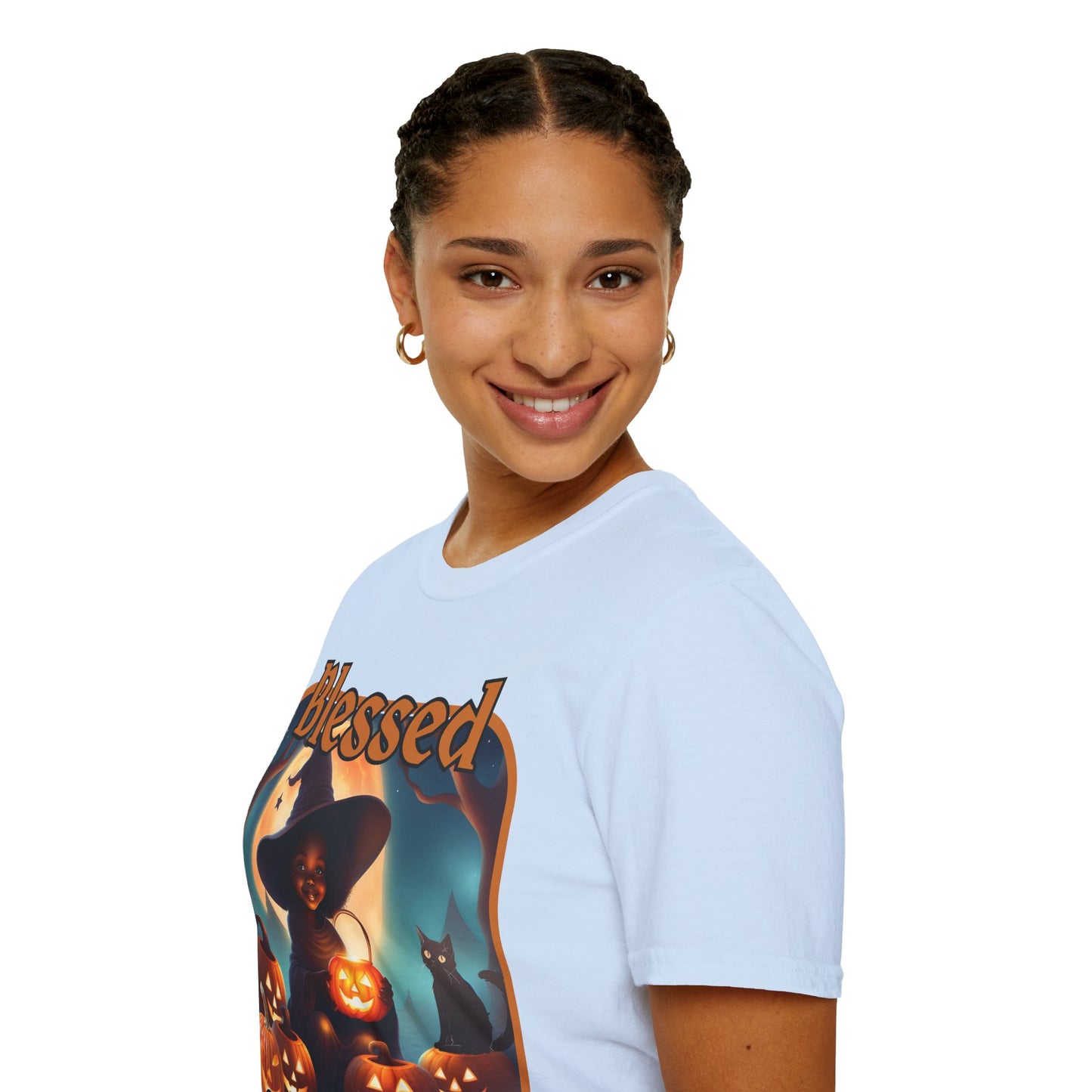 Blessed Samhain Cute Witch Orange font Light colors Unisex T-Shirt by CreepyCrafts.boo