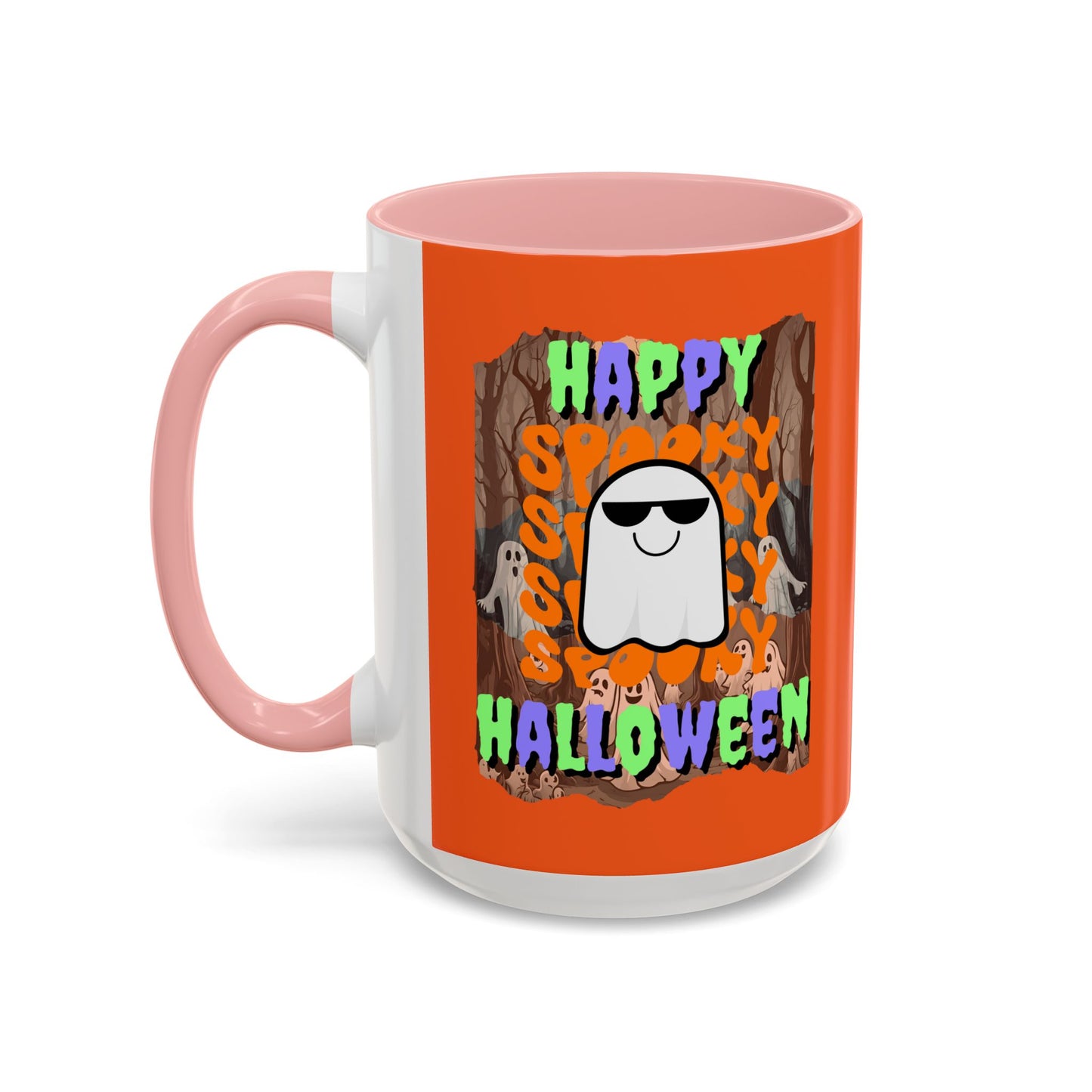 Spooky Happy Halloween Ghost Mixed font Orange Accent Mug by CreepyCrafts.boo