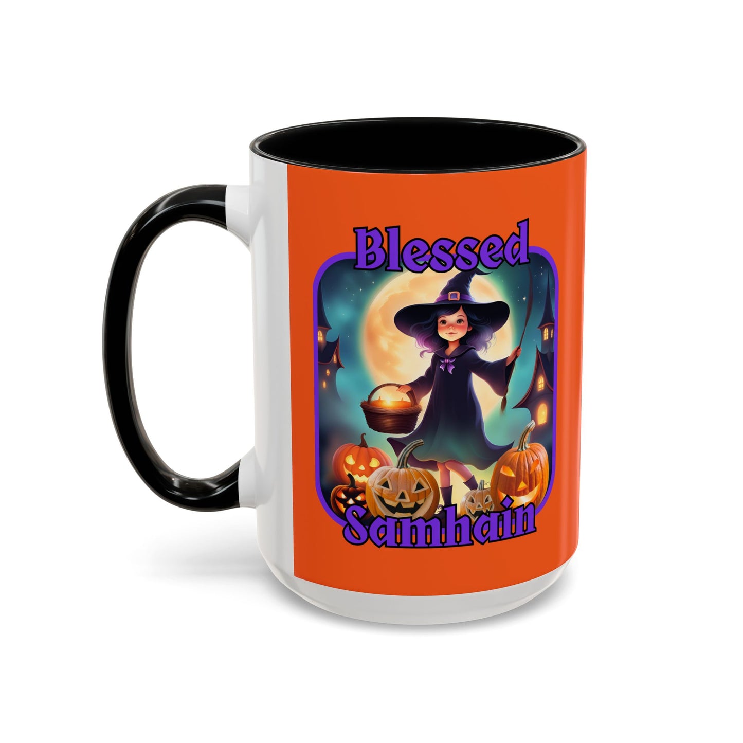 Blessed Samhain Little Witch Purple font Orange Accent Mug by CreepyCrafts.boo