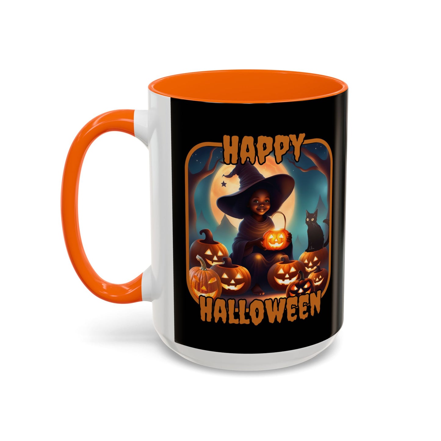 Happy Halloween Cute Witch Orange font Black Accent Mug by CreepyCrafts.boo