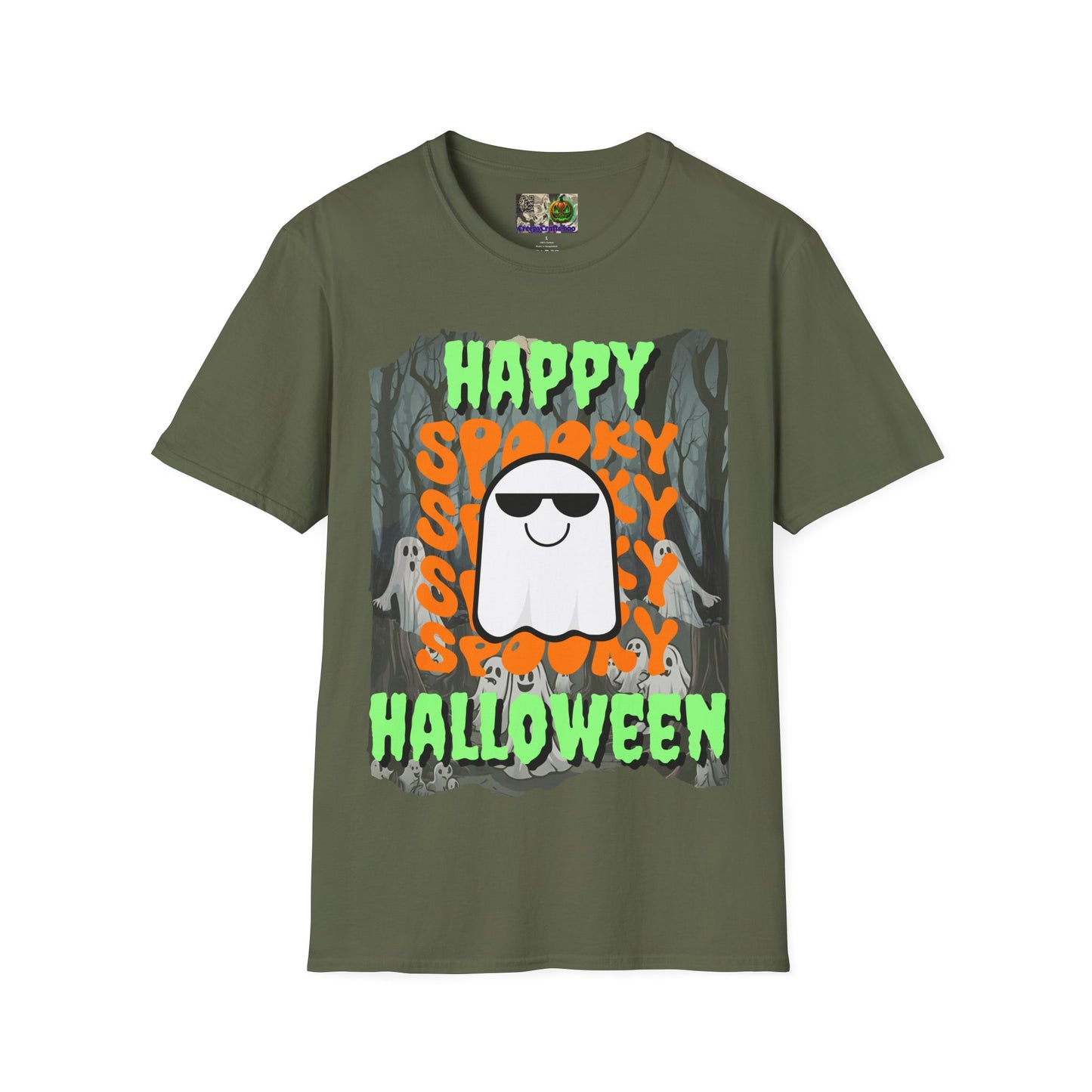 Spooky Happy Halloween Ghost Dark colors Green font Unisex T-Shirt by CreepyCrafts.boo