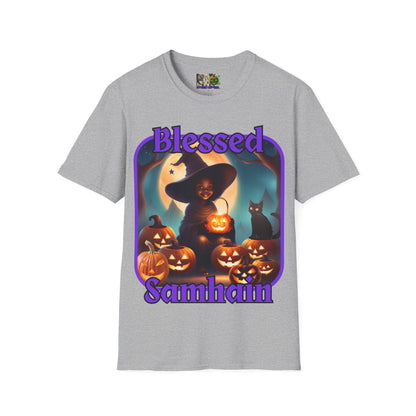 Blessed Samhain Cute Witch Purple font Light colors Unisex T-Shirt by CreepyCrafts.boo