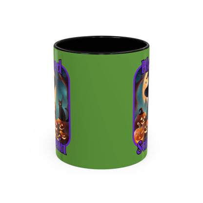 Blessed Samhain Cute Witch Purple font Green Accent Mug by CreepyCrafts.boo