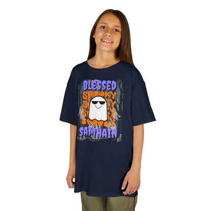 Spooky Blessed Samhain Ghost Purple font Kids Heavy Cotton™ Tee by CreepyCrafts.boo