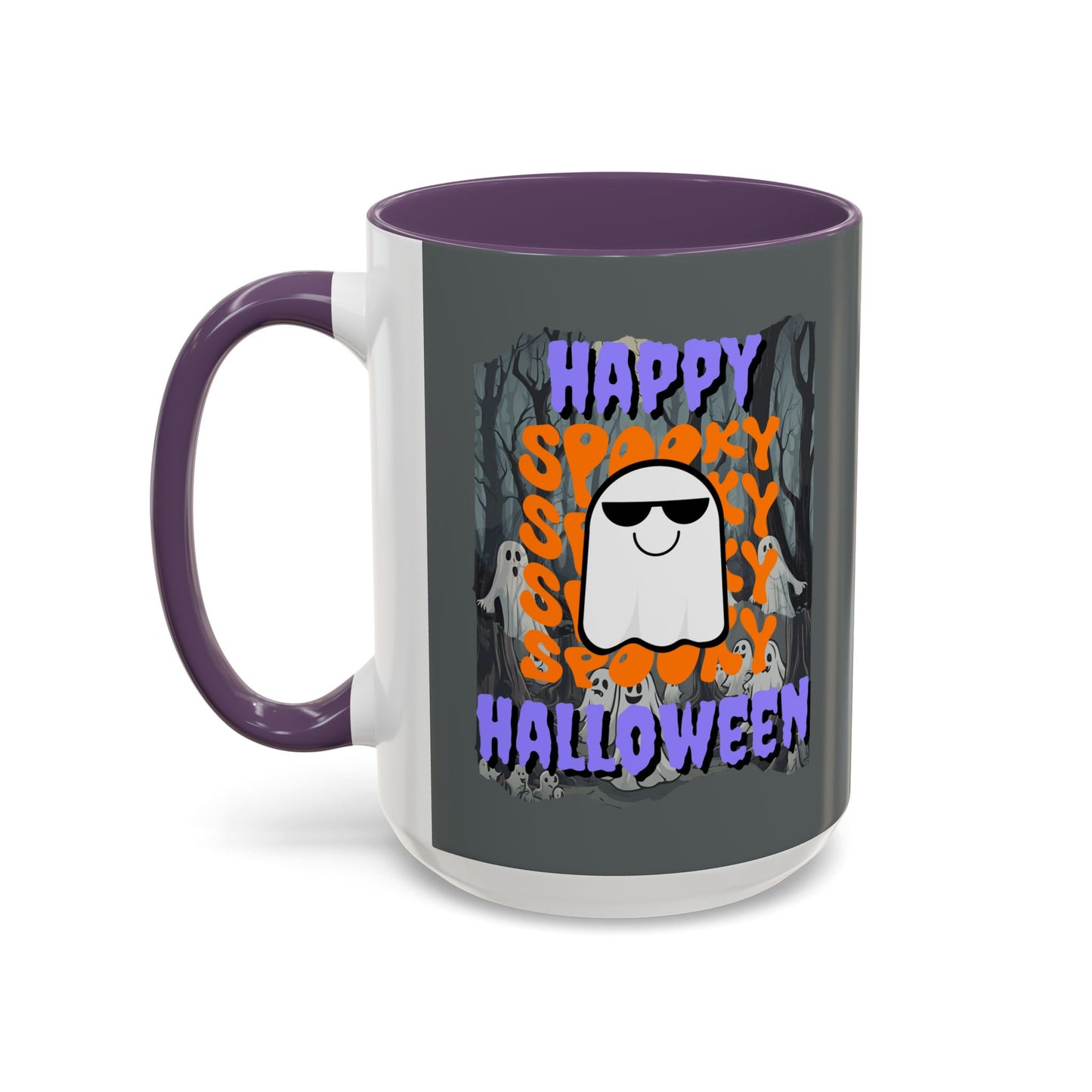 Spooky Happy Halloween Ghost Purple font Grey Accent Mug by CreepyCrafts.boo