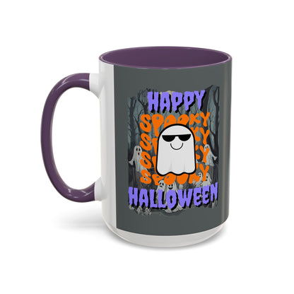 Spooky Happy Halloween Ghost Purple font Grey Accent Mug by CreepyCrafts.boo