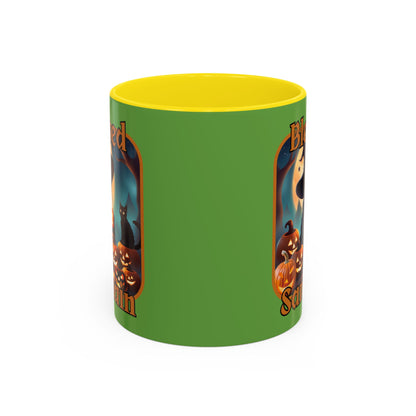 Blessed Samhain Cute Witch Orange font Green Accent Mug by CreepyCrafts.boo