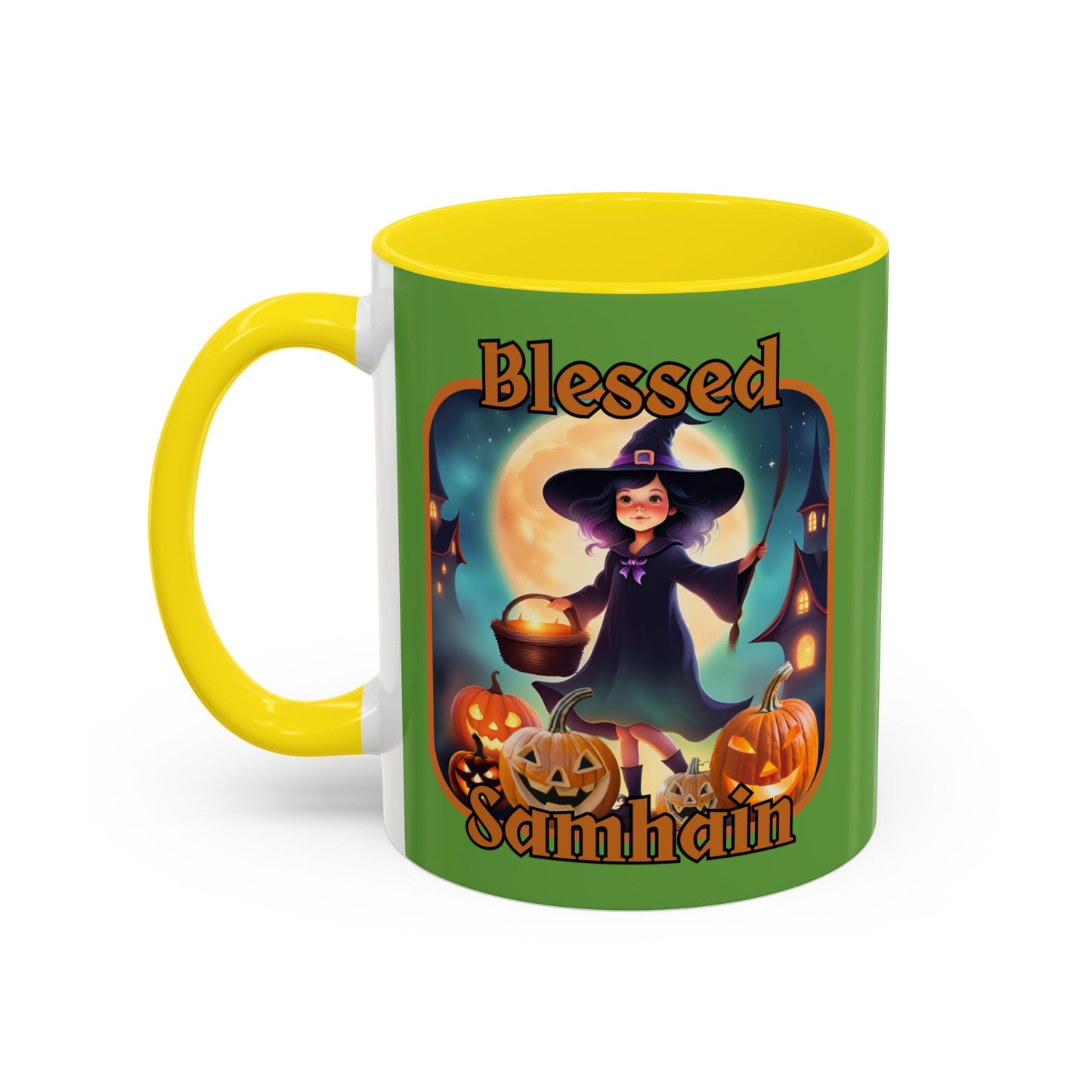 Blessed Samhain Little Witch Orange font Green Accent Mug by CreepyCrafts.boo