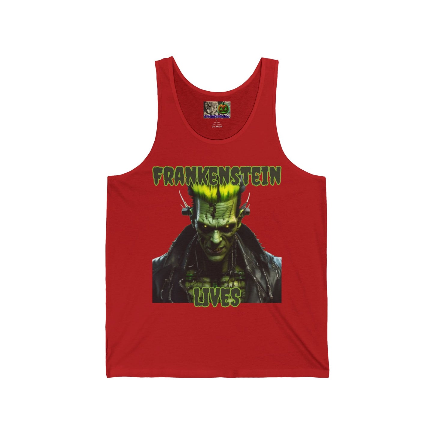 Frankenstein Lives Unisex Jersey Tank Top by CreepyCrafts.boo