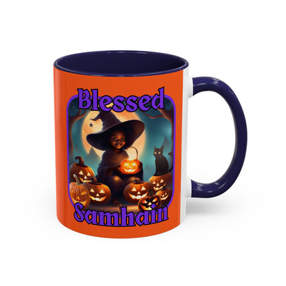 Blessed Samhain Cute Witch Purple font Orange Accent Mug by CreepyCrafts.boo