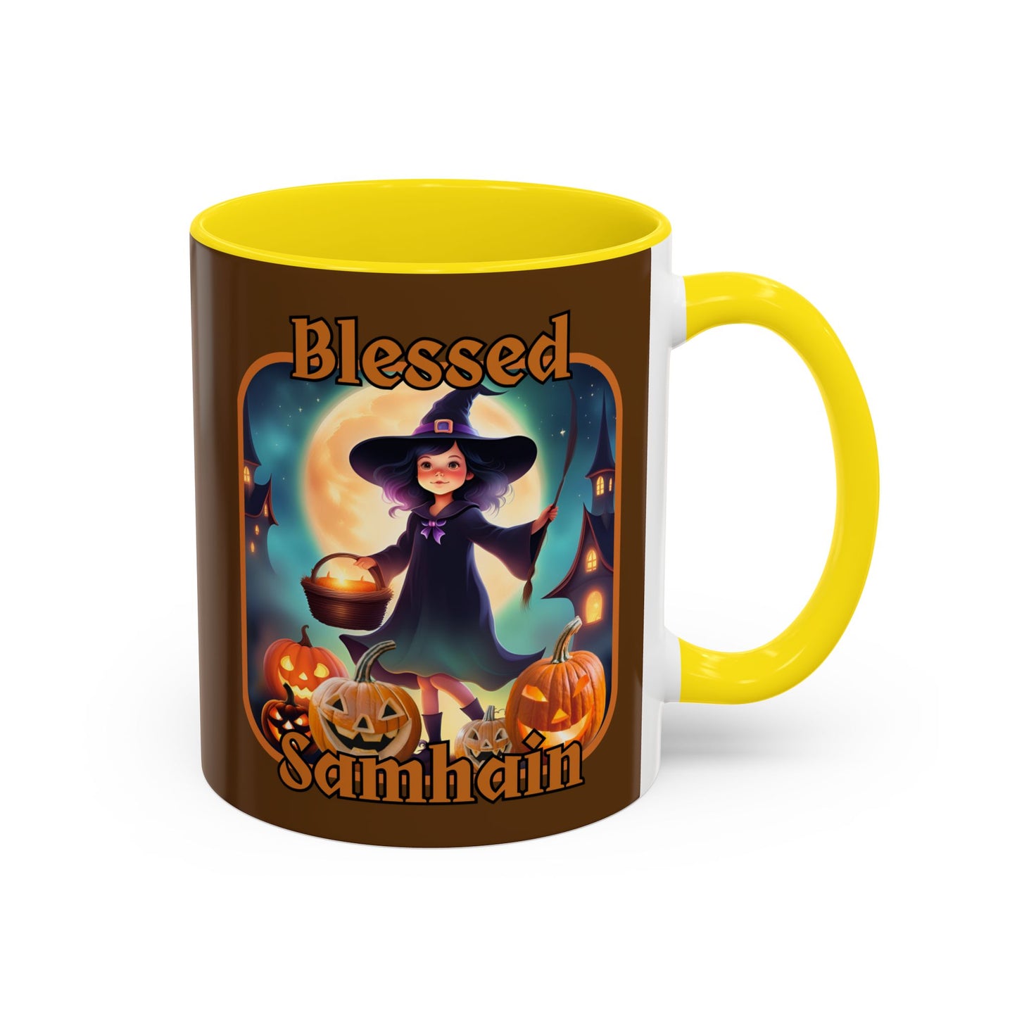 Blessed Samhain Little Witch Orange font Brown Accent Mug by CreepyCrafts.boo
