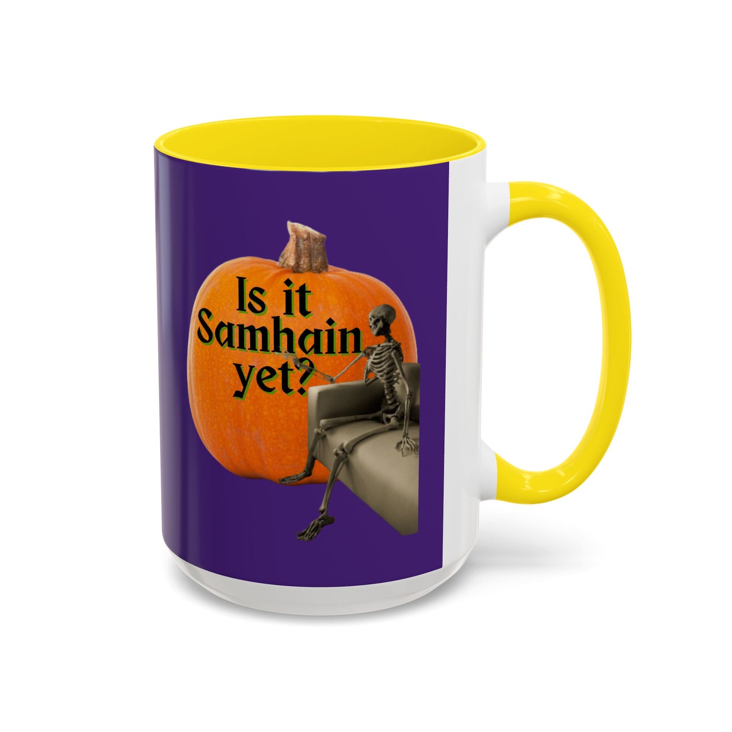 Is It Samhain Yet? Skeleton's Giant Pumpkin Purple Accent Mug by CreepyCrafts.boo