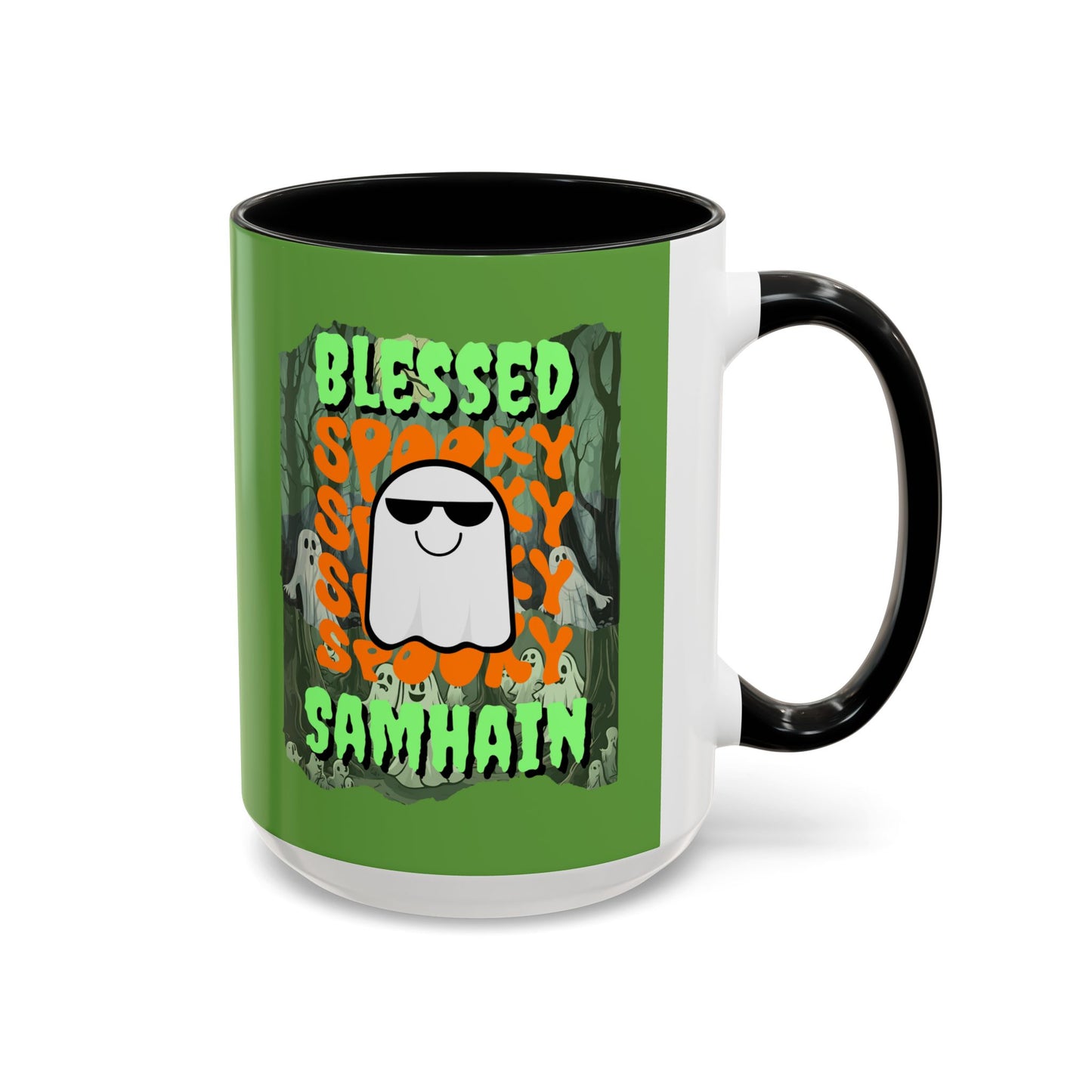 Spooky Blessed Samhain Ghost Green font Accent Mug by CreepyCrafts.boo