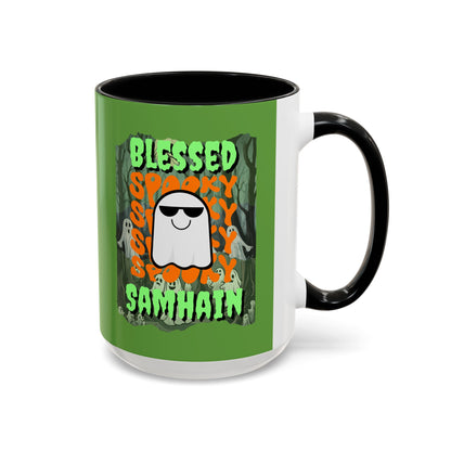Spooky Blessed Samhain Ghost Green font Accent Mug by CreepyCrafts.boo