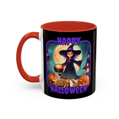 Happy Halloween Little Witch Purple font Black Accent Mug by CreepyCrafts.boo