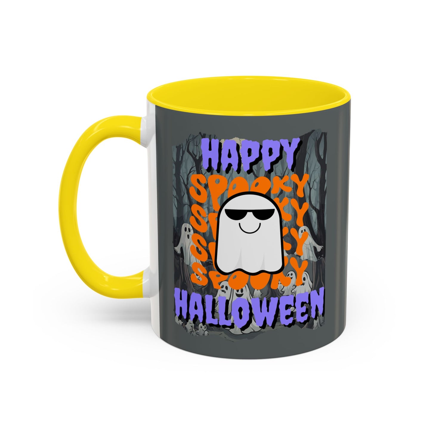 Spooky Happy Halloween Ghost Purple font Grey Accent Mug by CreepyCrafts.boo