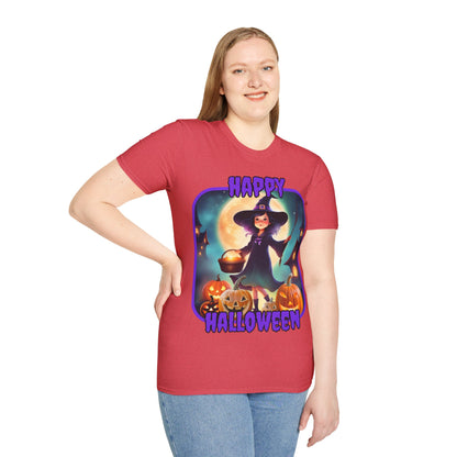 Happy Halloween Little Witch Purple font, Light colors, Unisex T-Shirt by CreepyCrafts.boo