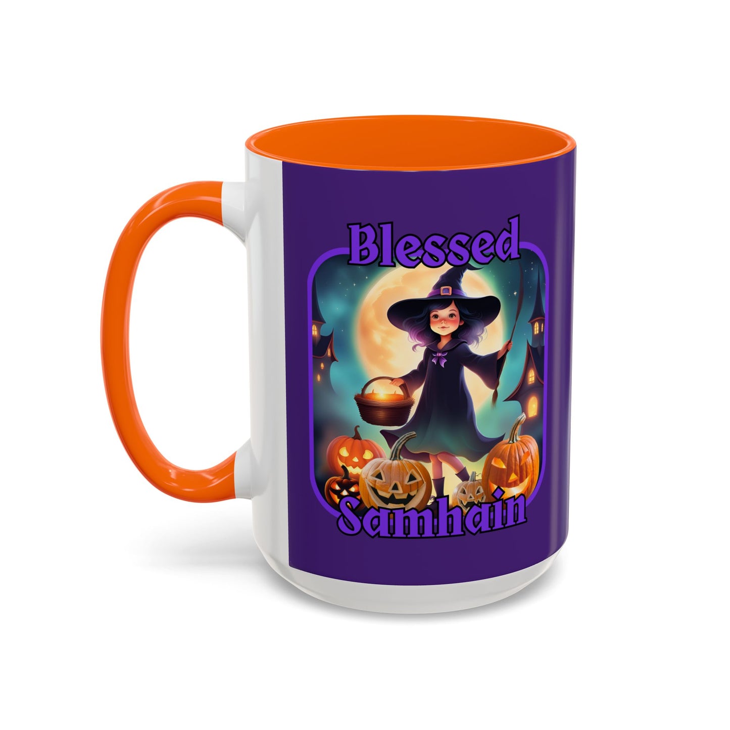 Blessed Samhain Little Witch Purple font Purple Accent Mug by CreepyCrafts.boo
