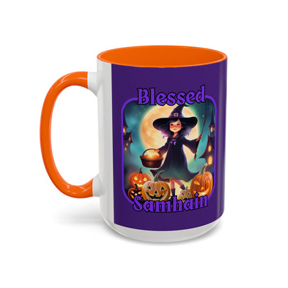 Blessed Samhain Little Witch Purple font Purple Accent Mug by CreepyCrafts.boo