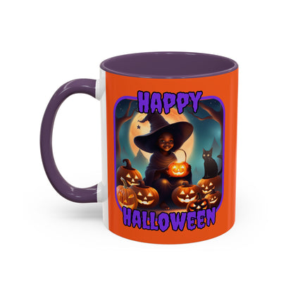 Happy Halloween Cute Witch Purple font Orange Accent Mug by CreepyCrafts.boo