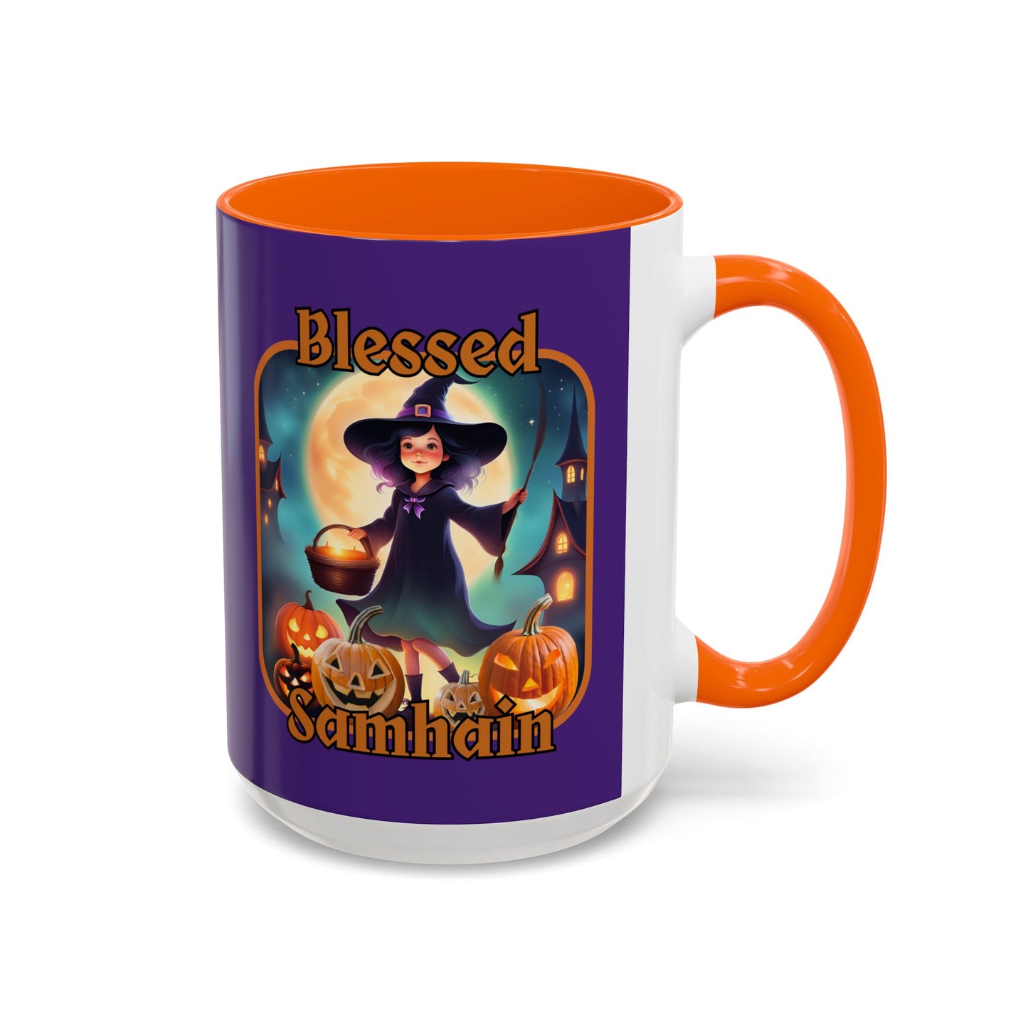 Blessed Samhain Little Witch Orange font Purple Accent Mug by CreepyCrafts.boo