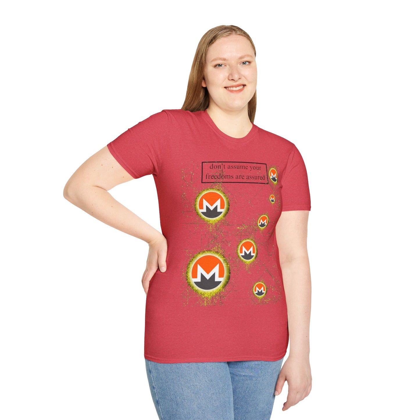 Monero (XMR) don't assume your freedoms are assured Light colors Unisex T-Shirt by cypherpunkgear.com