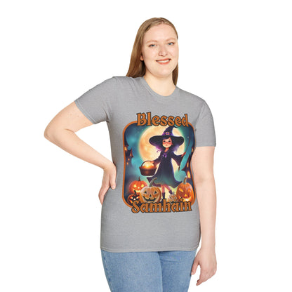 Blessed Samhain Little Witch Orange font Light colors Unisex T-Shirt by CreepyCrafts.boo