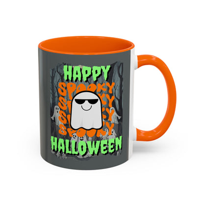 Spooky Happy Halloween Ghost Green font Grey Accent Mug by CreepyCrafts.boo