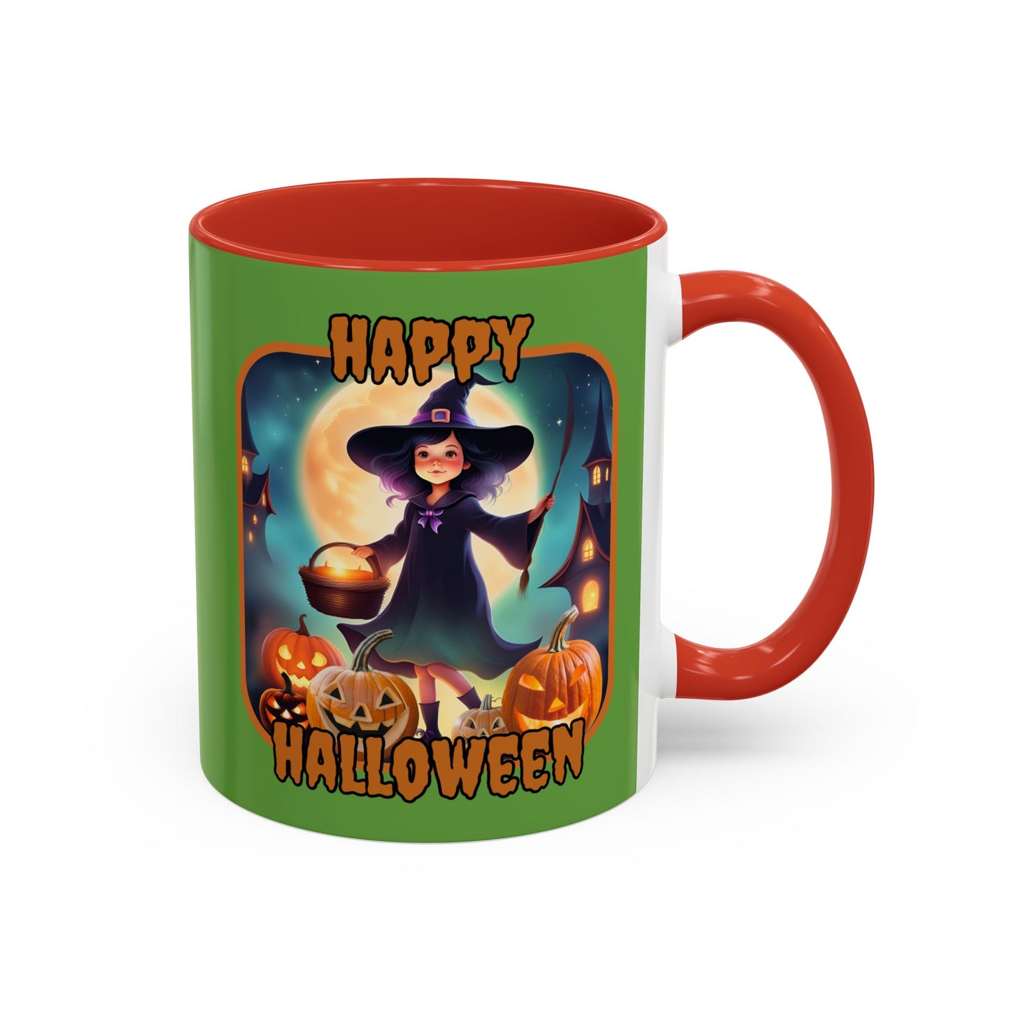 Happy Halloween Little Witch Orange font Green Accent Mug by CreepyCrafts.boo