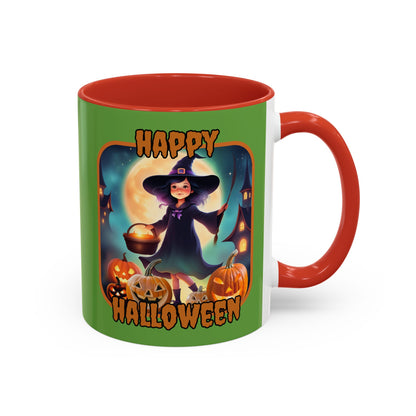 Happy Halloween Little Witch Orange font Green Accent Mug by CreepyCrafts.boo