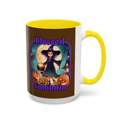 Blessed Samhain Little Witch Purple font Brown Accent Mug by CreepyCrafts.boo