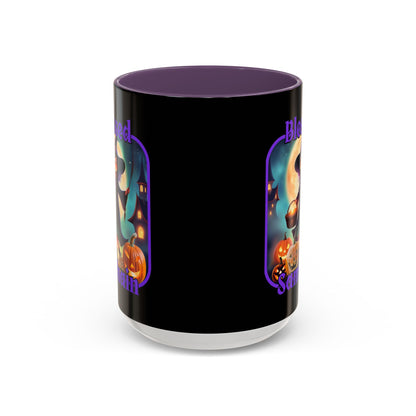 Blessed Samhain Little Witch Purple font Black Accent Mug by CreepyCrafts.boo