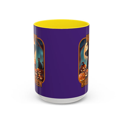 Happy Halloween Cute Witch Orange font Purple Accent Mug by CreepyCrafts.boo
